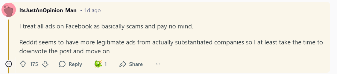 Reddit user comment discussing ineffective Reddit ads